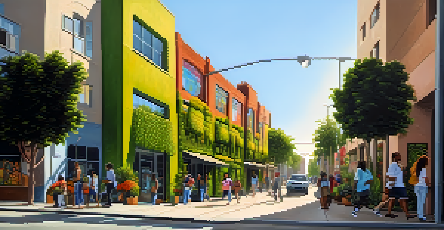 A lively street in Compton featuring vertical gardens on buildings and colorful murals, with people walking by under the sun.