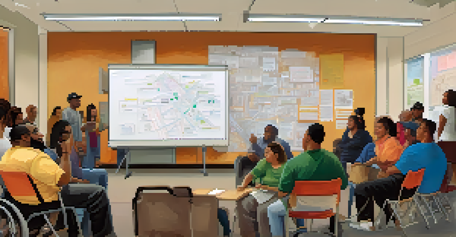 A community forum in Compton with diverse residents discussing public transportation accessibility, featuring a whiteboard with ideas and warm lighting.
