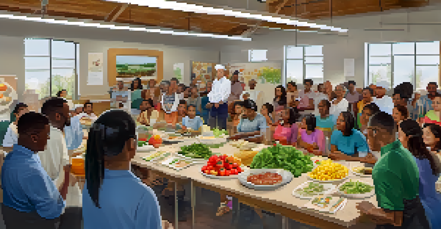 A nutrition workshop with diverse participants learning healthy cooking techniques from a cheerful instructor.