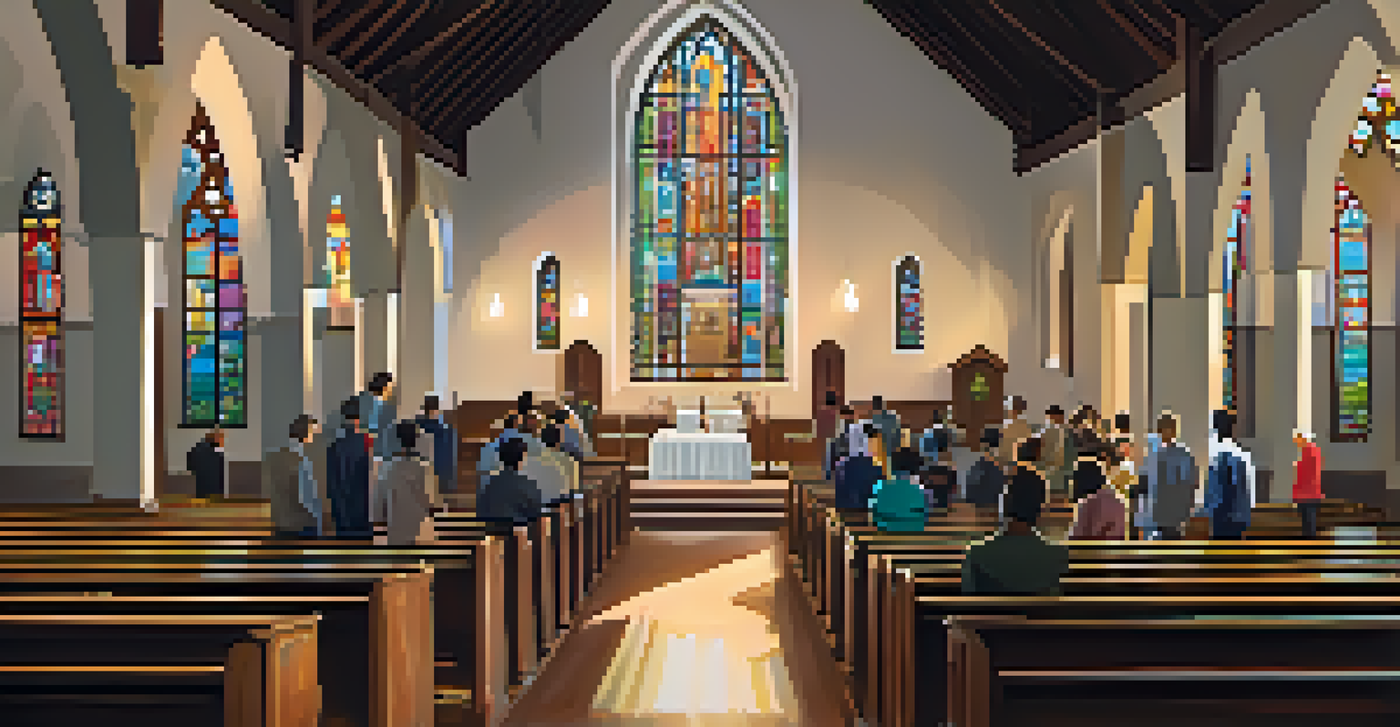A diverse congregation inside a church during a service, with sunlight filtering through stained-glass windows and a passionate pastor.