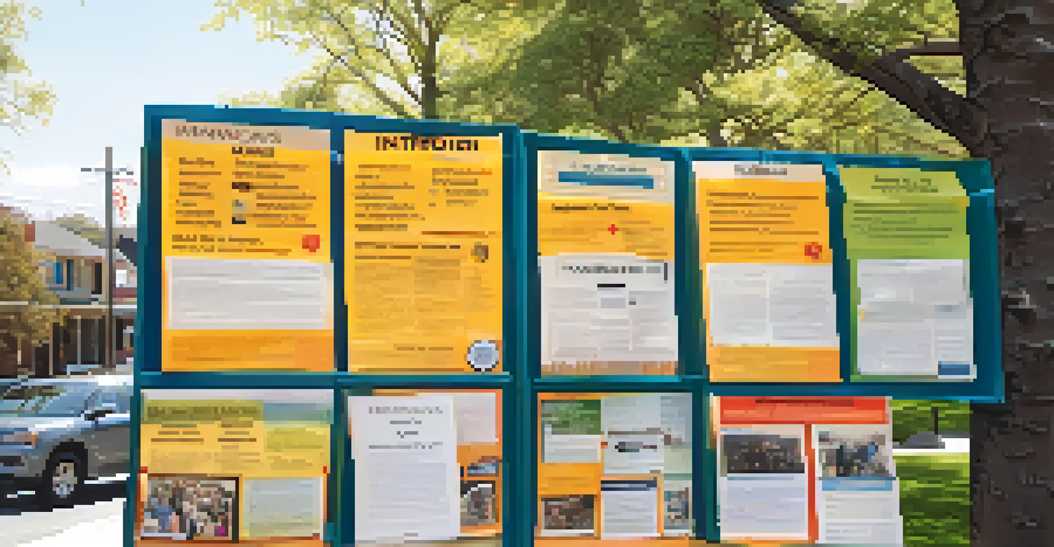 A community board filled with safety information and event flyers for the Neighborhood Watch, with people discussing nearby.
