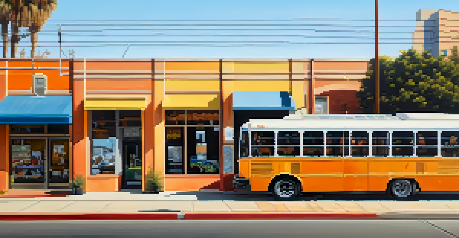 A colorful mural promoting public transportation on a building in Compton, with a bus and street shops.