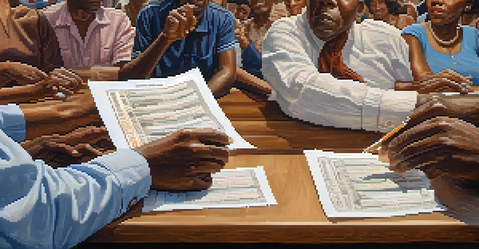 Close-up of diverse hands holding a vintage voter registration card, symbolizing the importance of civic engagement in a community meeting.