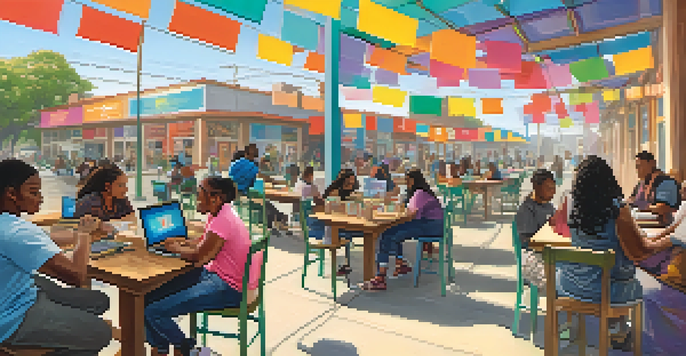 A lively community center in Compton with diverse participants in a digital literacy workshop, surrounded by colorful banners and laptops.