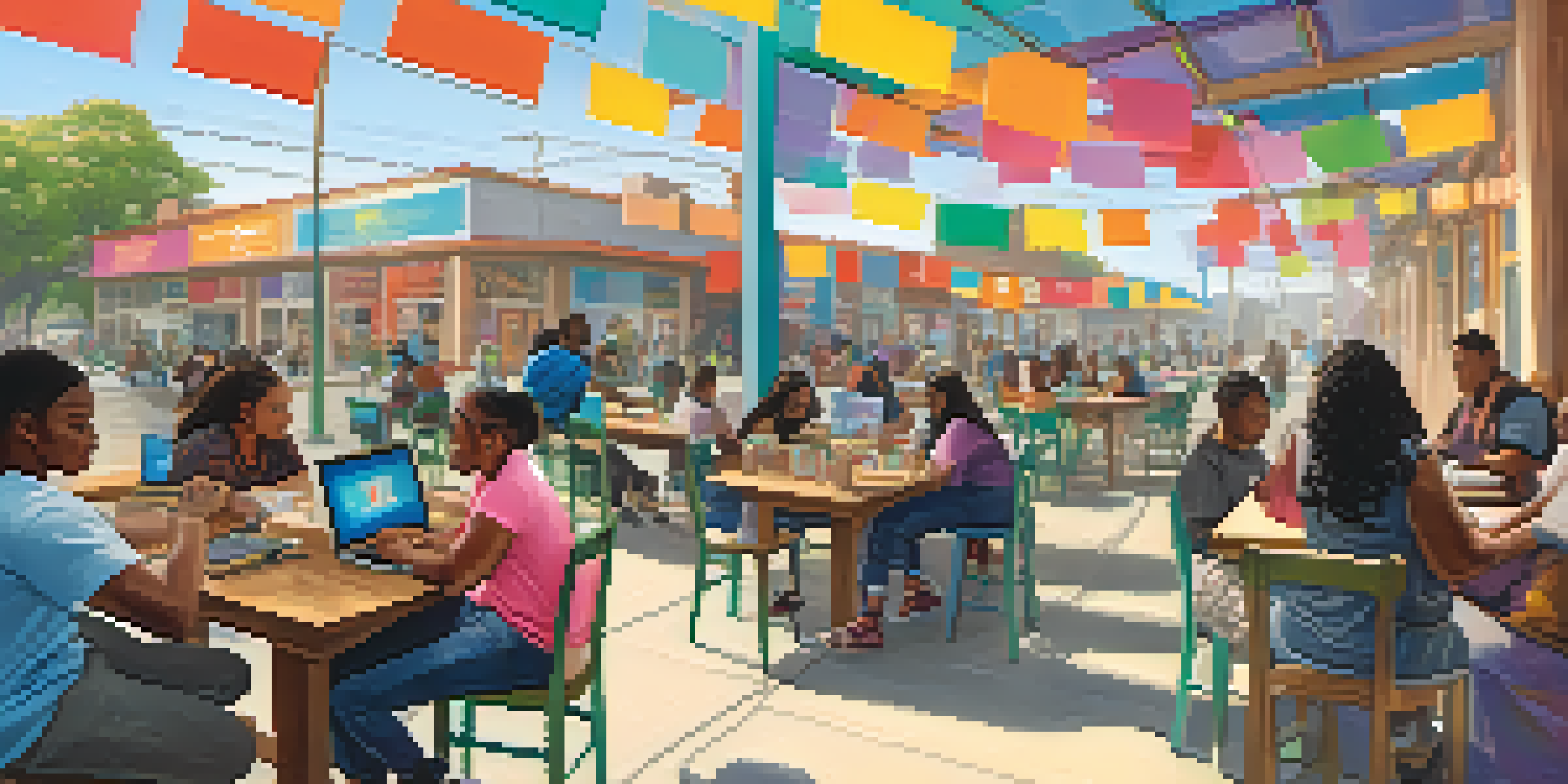 A lively community center in Compton with diverse participants in a digital literacy workshop, surrounded by colorful banners and laptops.
