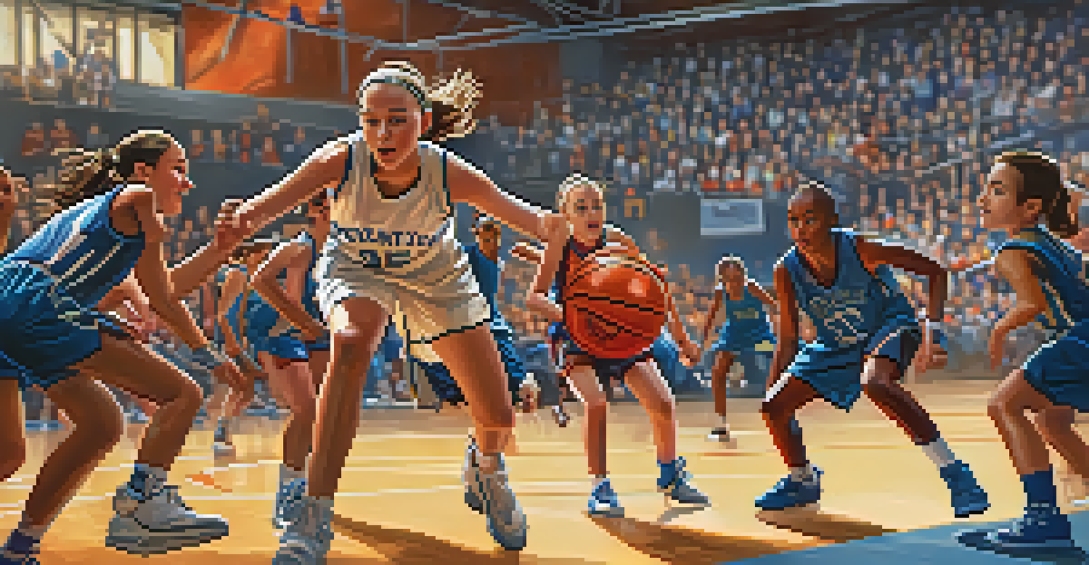 A determined girl dribbling a basketball in a vibrant gym filled with cheering fans and colorful banners.