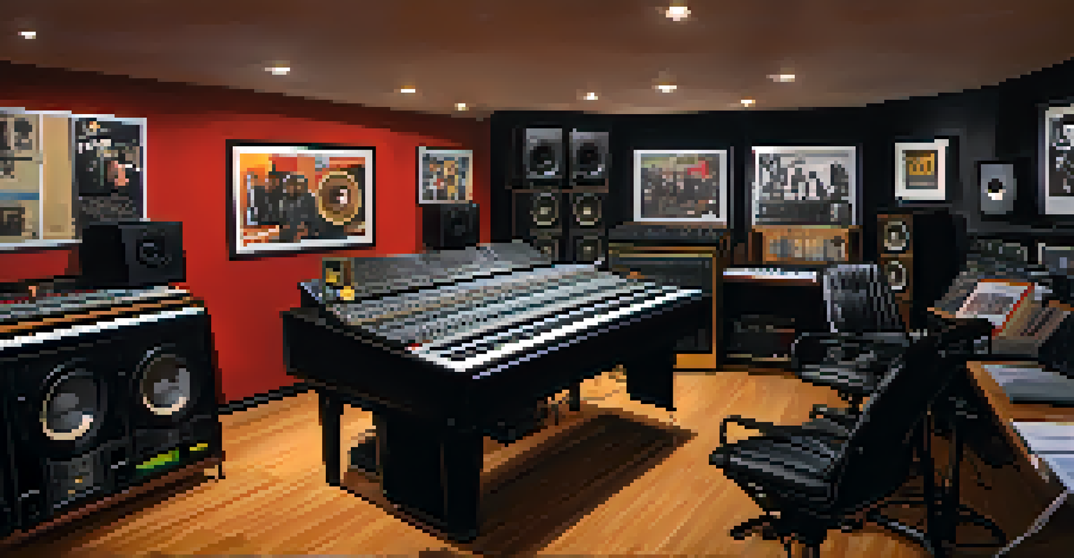 A recording studio in Compton with a producer working, surrounded by musical equipment and hip-hop memorabilia.