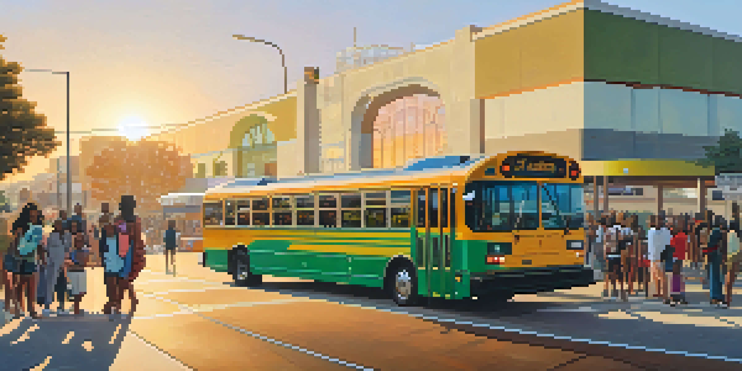 A bustling bus station in Compton during golden hour, with diverse residents and colorful murals.