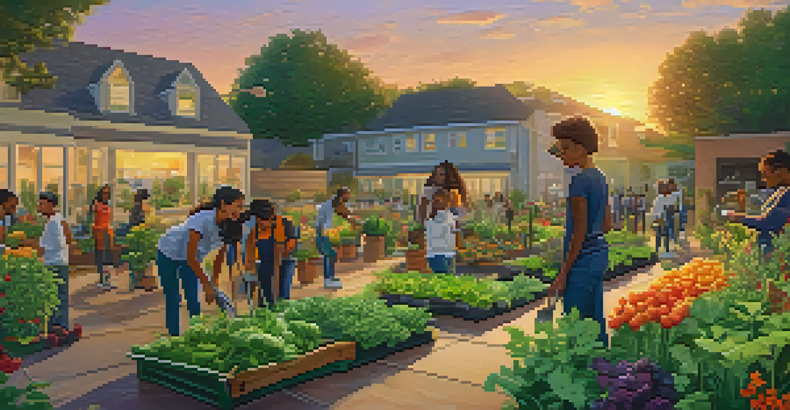 Students participating in a community garden in Compton, surrounded by colorful plants and flowers during sunset.