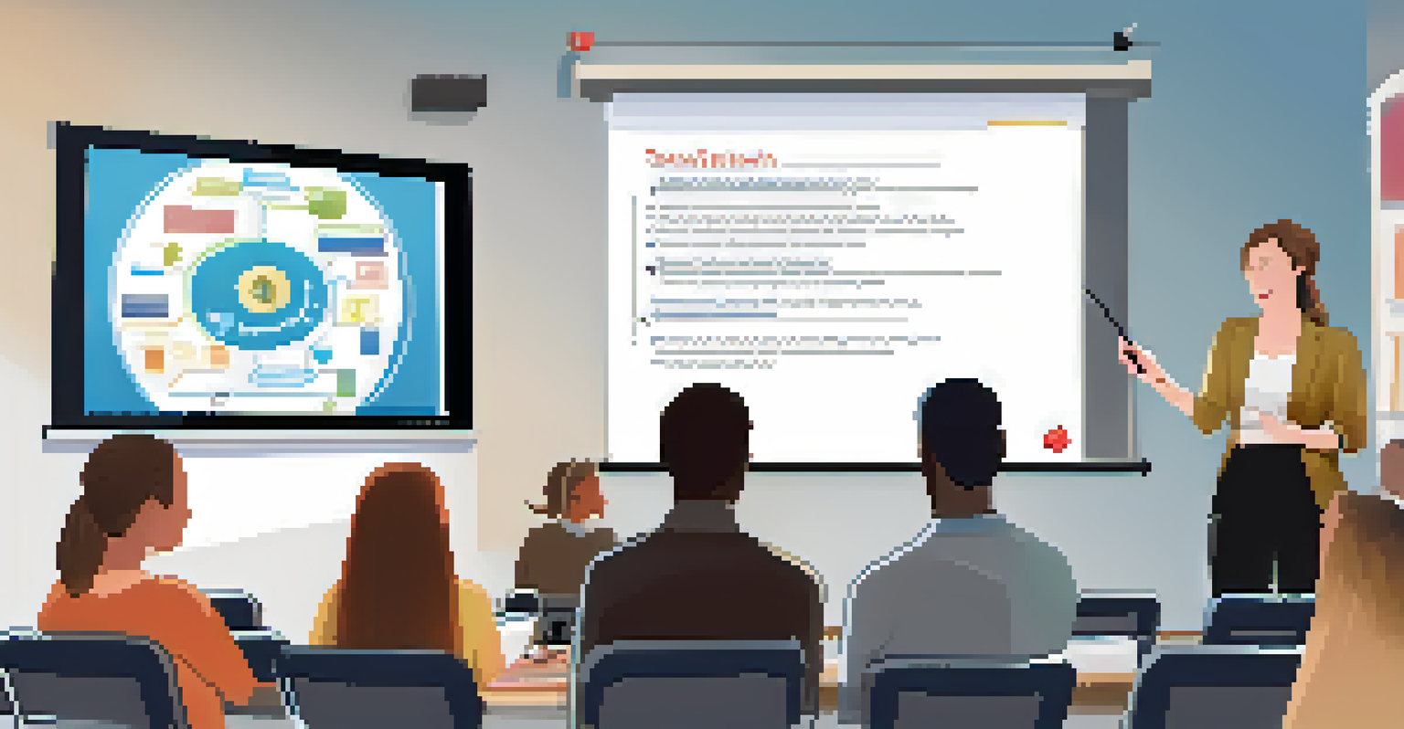 A teacher conducting a workshop for educators, showcasing technology tools and engaging the group in a modern classroom setting.