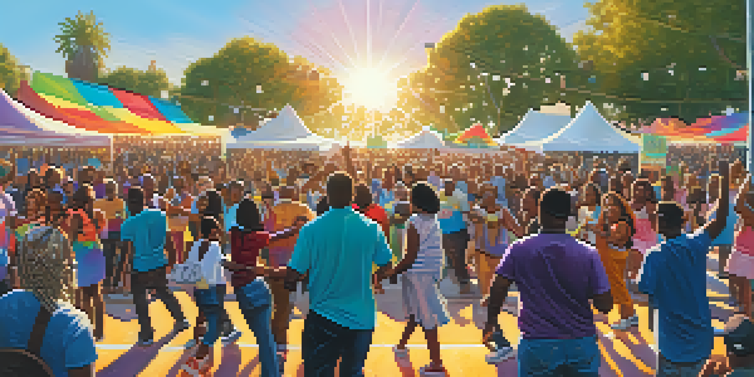 A lively gospel music festival in Compton with a diverse crowd celebrating, musicians on stage, and colorful decorations under sunlight.