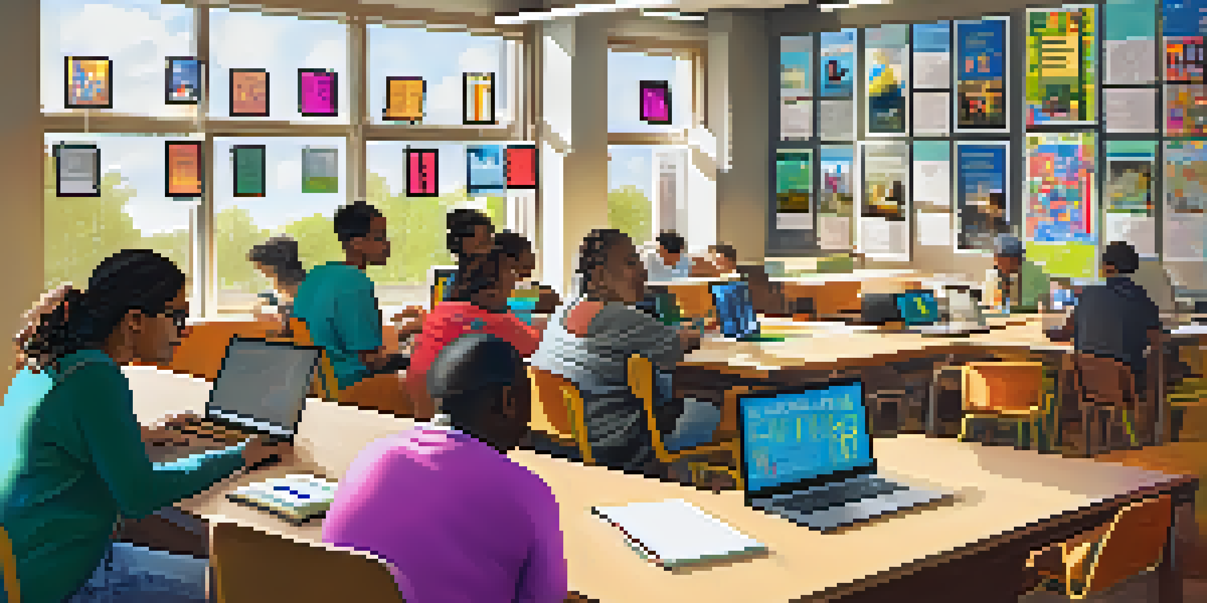 Inside a community library, people of different ages are participating in digital literacy workshops with laptops, surrounded by bright colors and natural light.