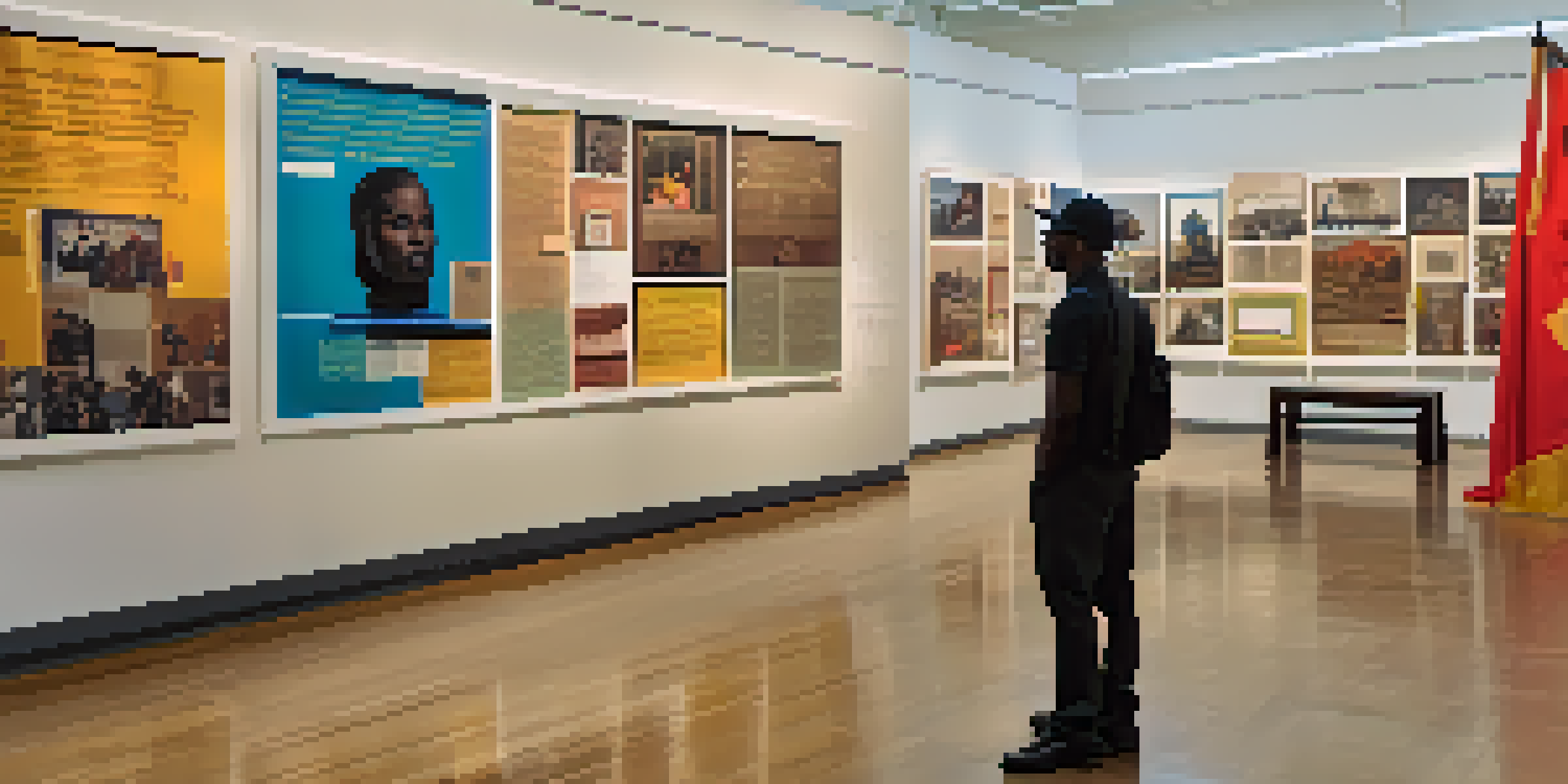 A museum exhibit featuring historical artifacts and photographs from Compton, with diverse visitors interacting with the displays.