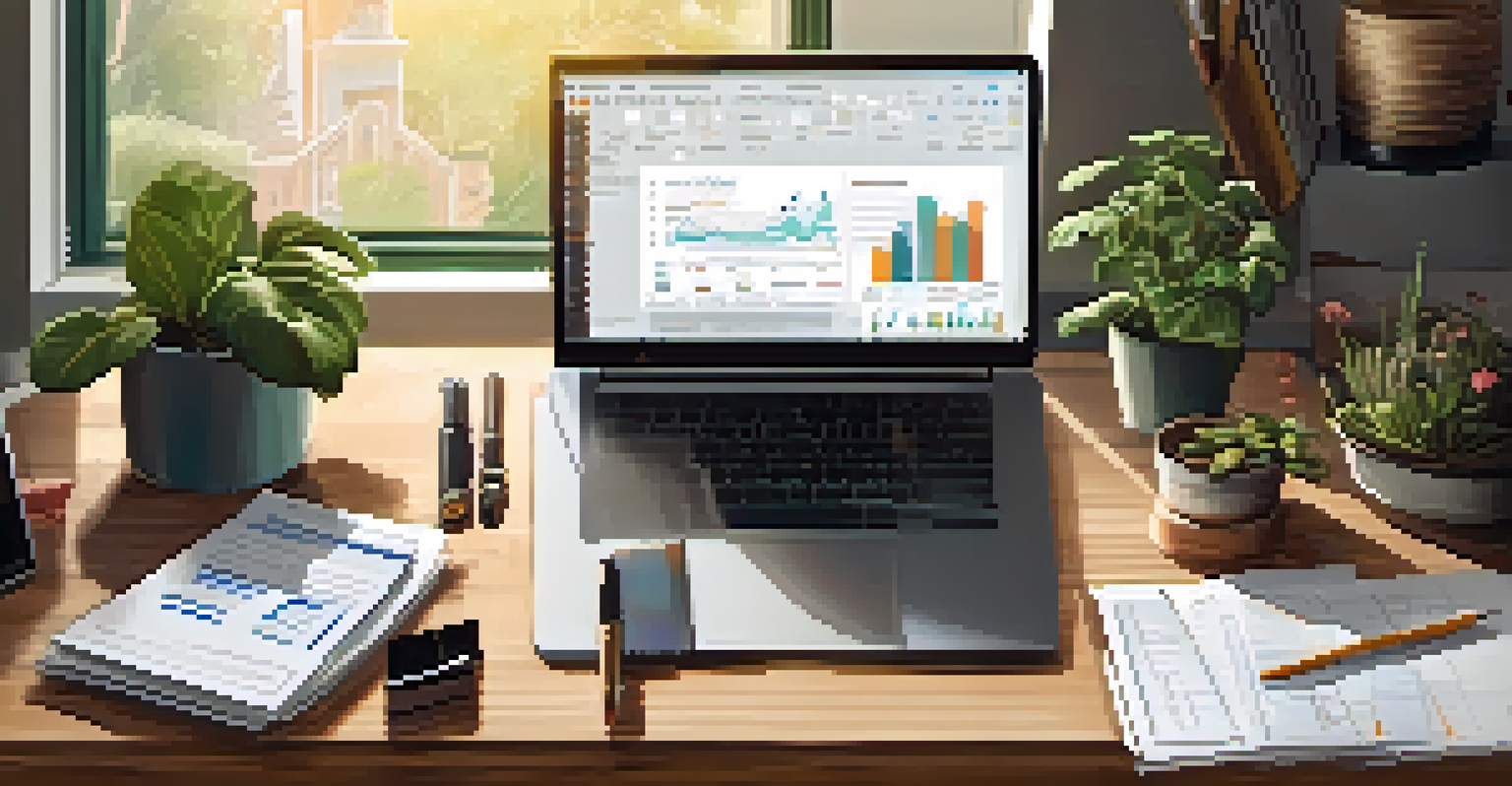 Close-up of a small business owner's hands on a laptop with financial documents on a wooden table, in a cozy workspace with plants.