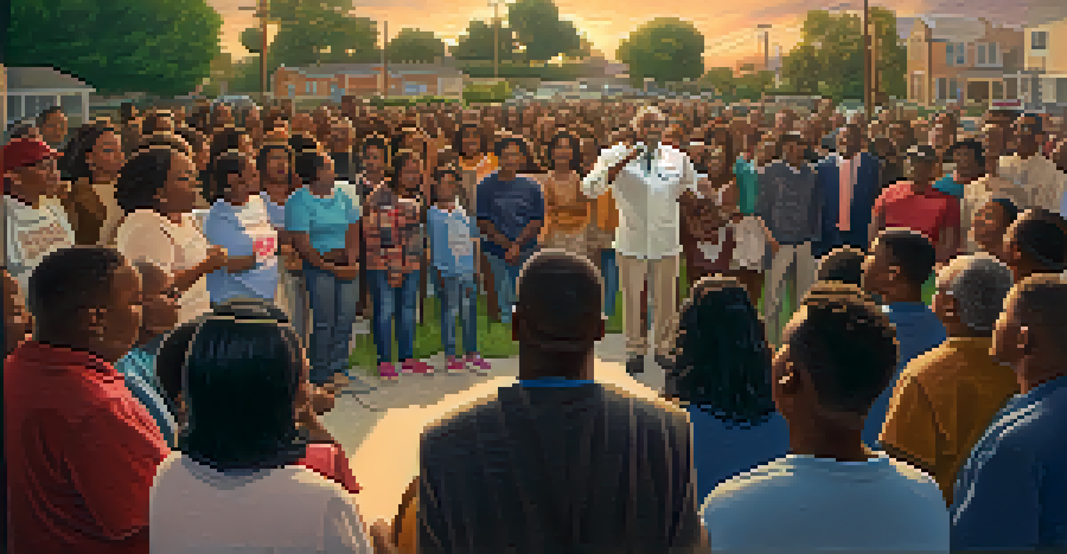 A community leader speaking at a podium in Compton, surrounded by attentive residents discussing housing rights, with a community center in the background.