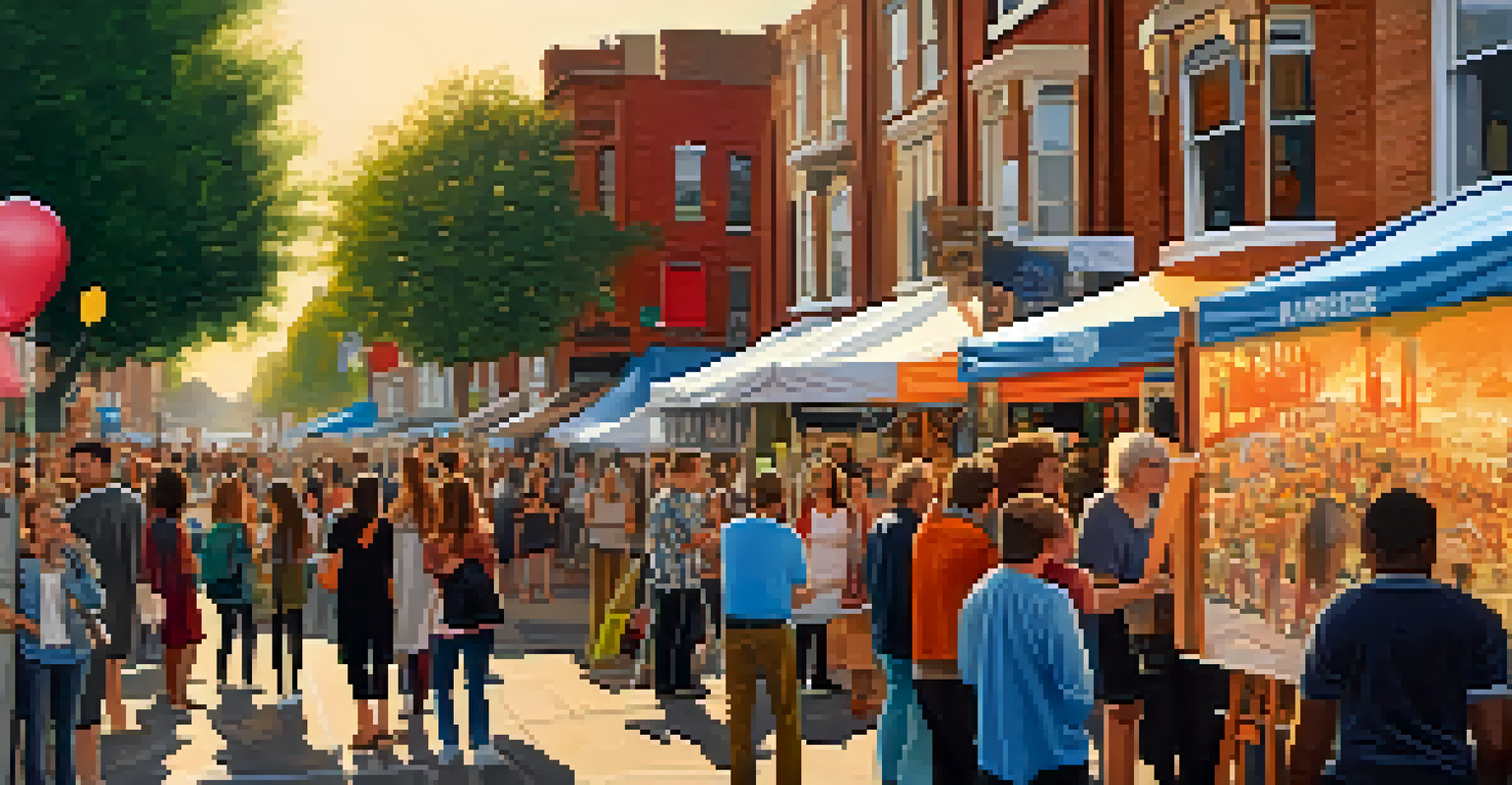 A busy street in Compton during an art walk event, with artists displaying their works and a diverse crowd engaging with the art.