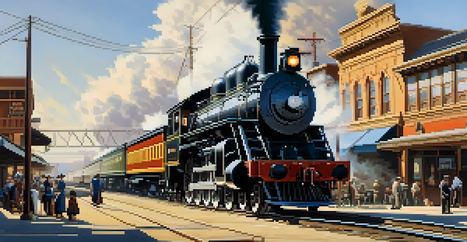 A vintage steam locomotive on railway tracks in Compton, surrounded by factories and shops, with people interacting in a lively community setting.