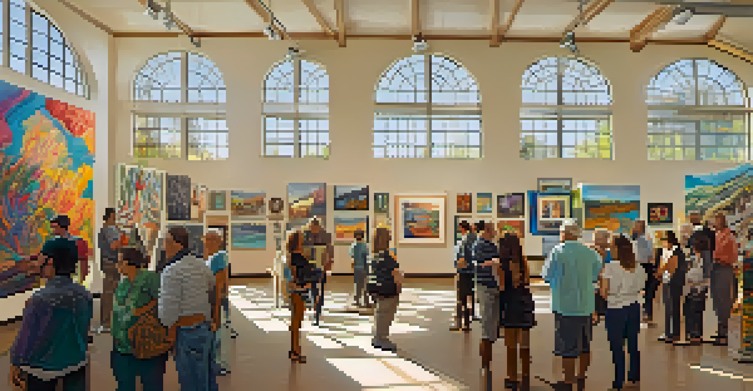 A community art show featuring local artists' vibrant artwork, with attendees discussing and enjoying the displayed pieces in a well-lit room.