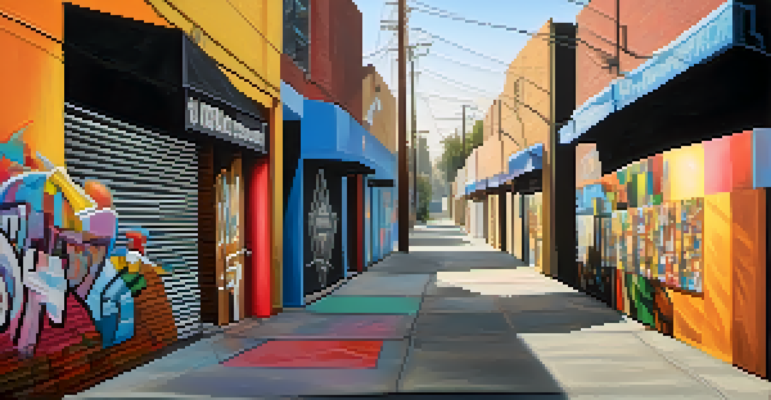 A vibrant street art installation in a Compton alley, featuring mixed media elements and social commentary, illuminated by evening light.