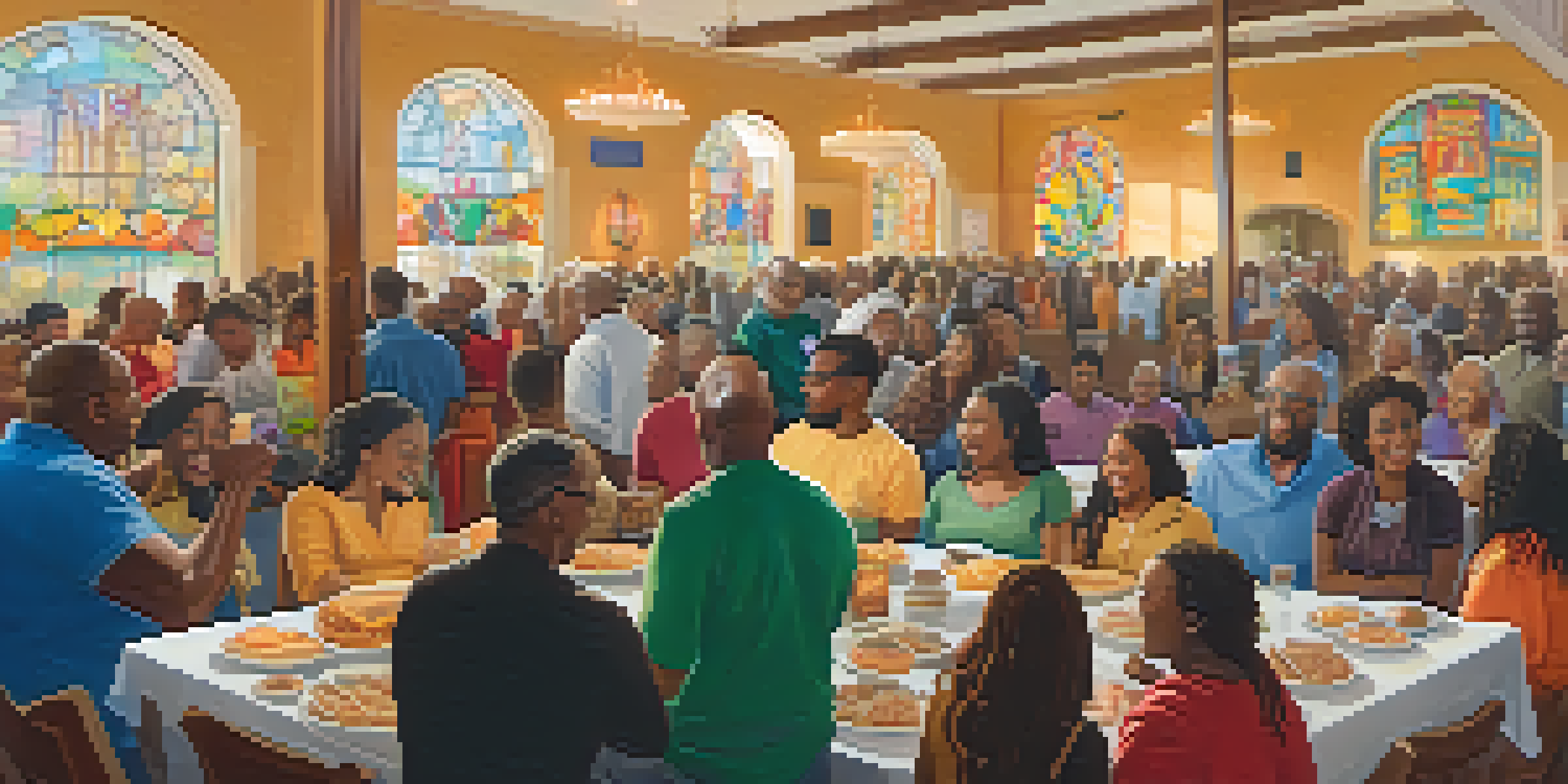 A diverse group of people gathered in a church, sharing food and engaging in conversation, with colorful decorations and warm lighting.