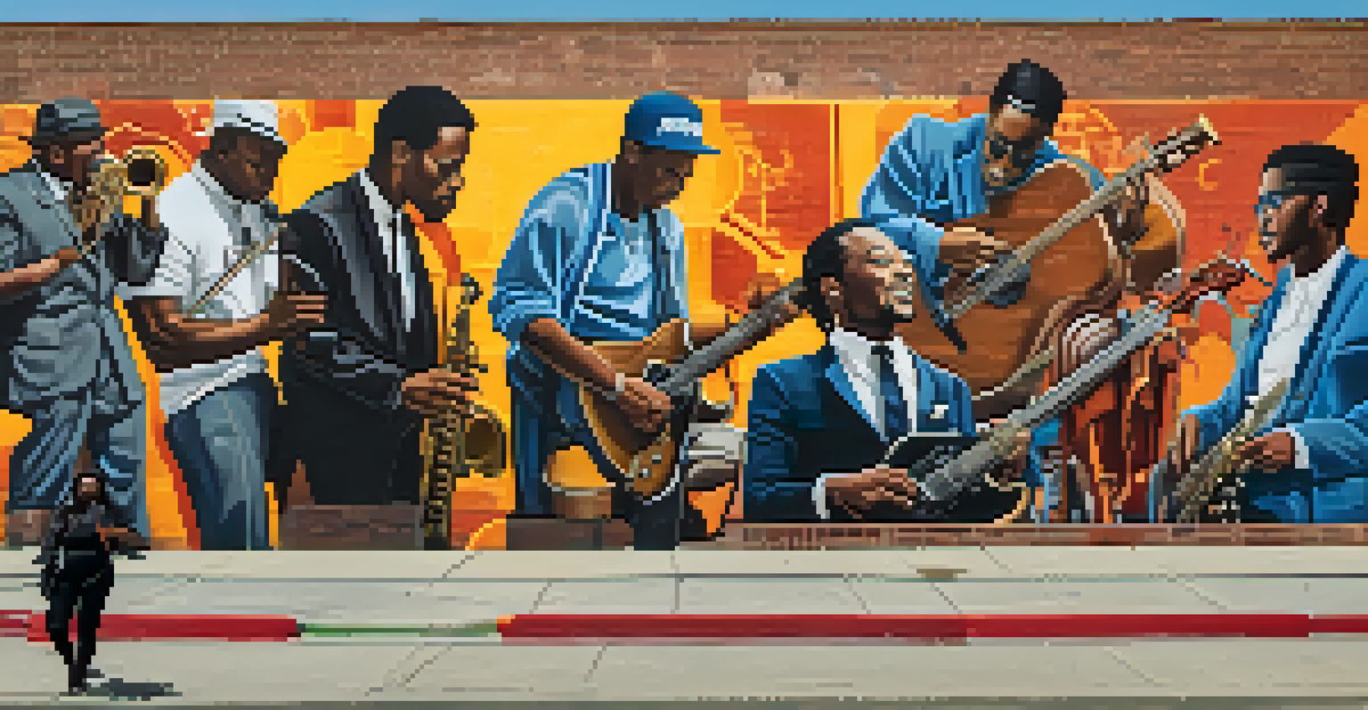 A colorful mural on a brick wall in Compton, illustrating the history of civil rights through music with vibrant images and symbols.