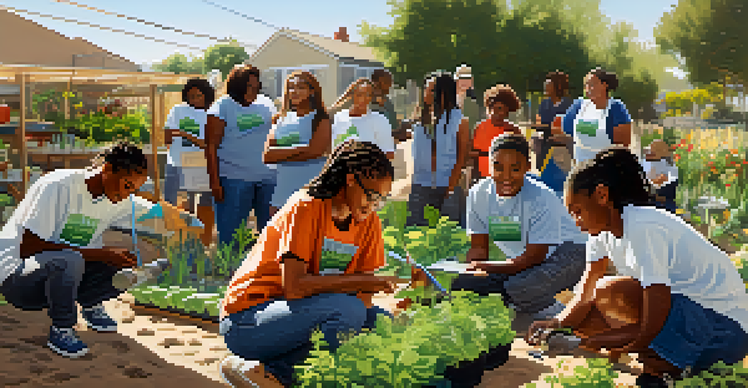 A group of young people participating in a gardening workshop, planting seeds in a community garden, with tools and educational materials around them.
