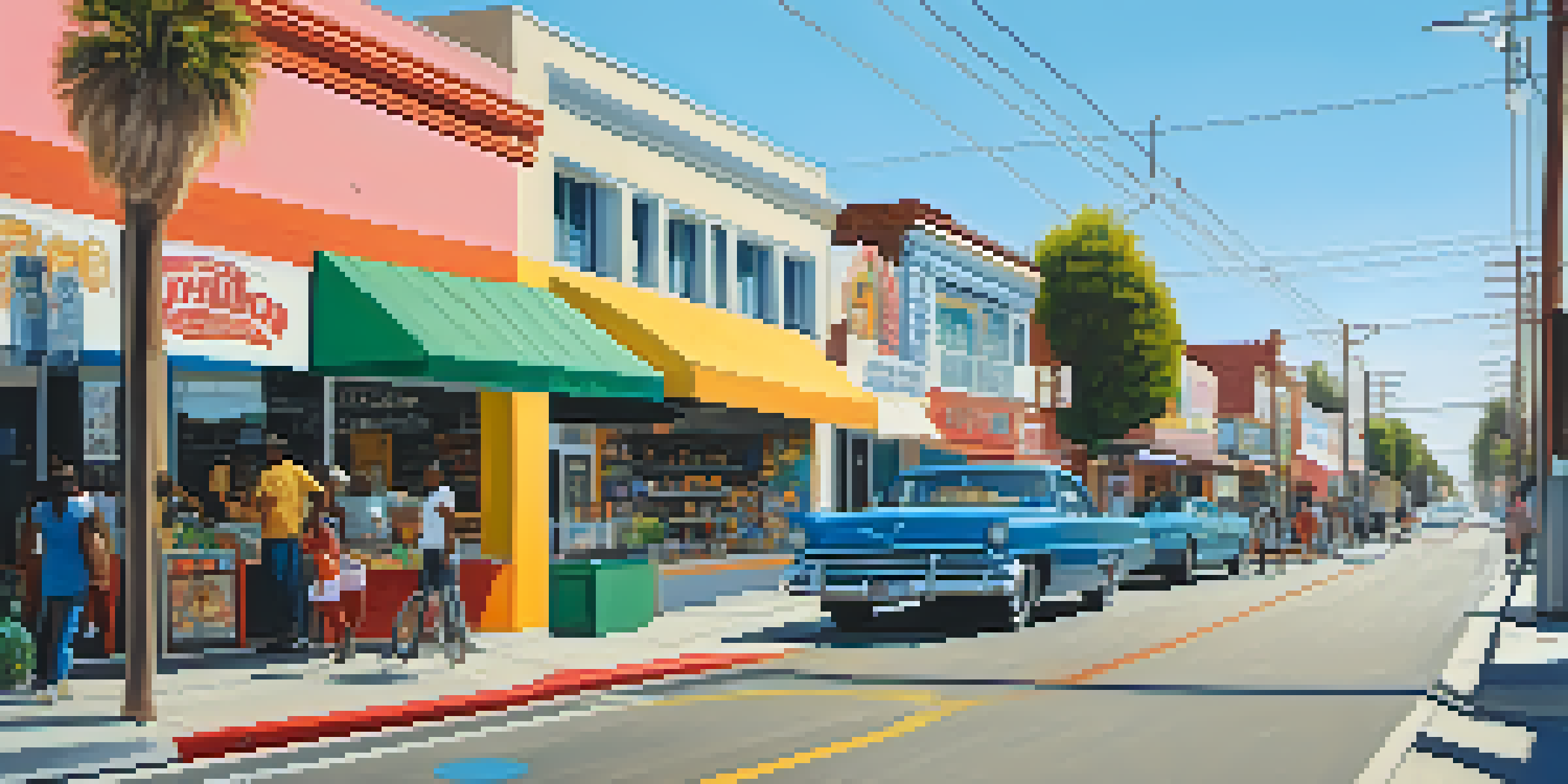 A lively street in Compton with a mix of colorful murals and modern shops, showing the contrast between old and new architecture.