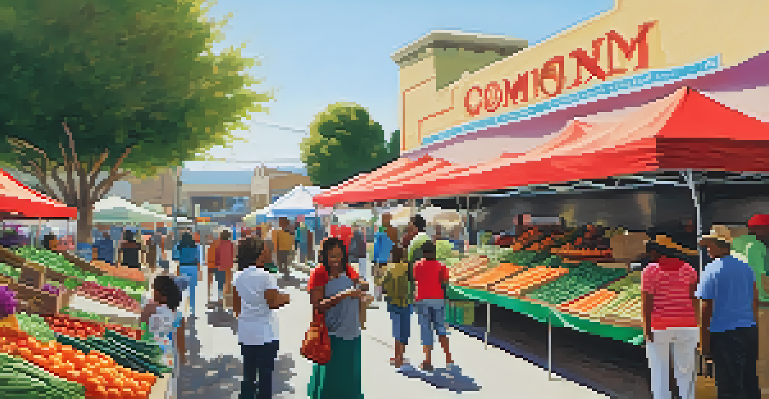 A lively farmers' market in Compton with families shopping for fresh produce and local goods, decorated with colorful banners.