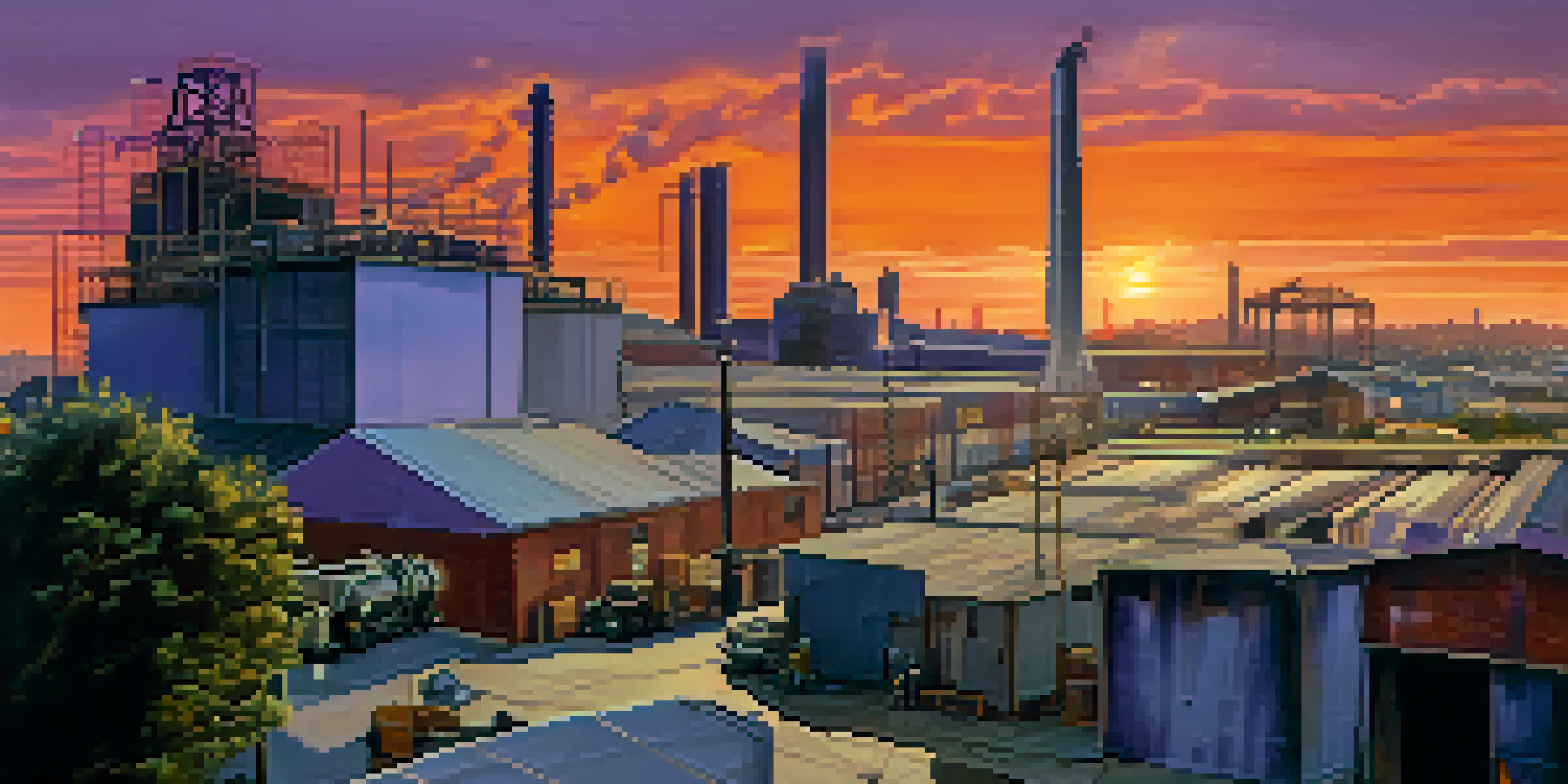 A sunset view of Compton's industrial area, highlighting factories and greenery with workers in the foreground.
