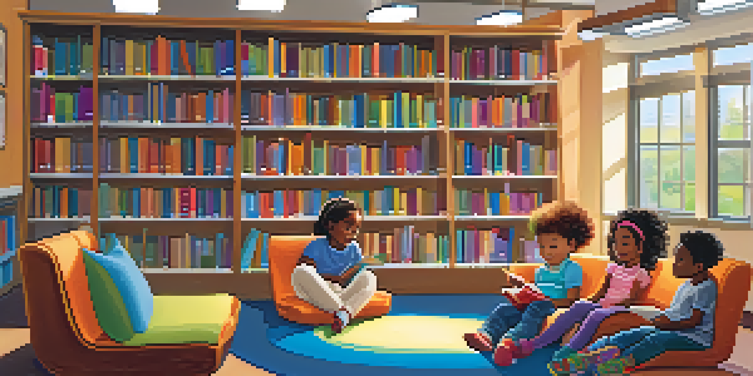 A warm and inviting public library interior where children are gathered for storytime with a librarian.