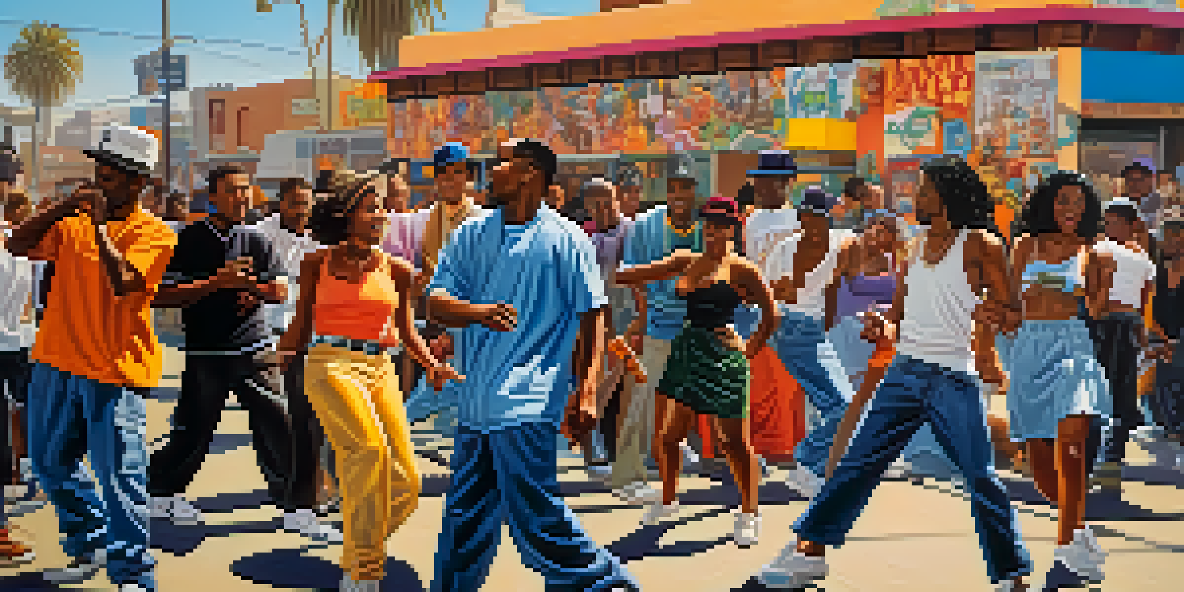 A lively street scene in Compton with people dancing and colorful murals, capturing the essence of 1990s West Coast hip-hop culture.