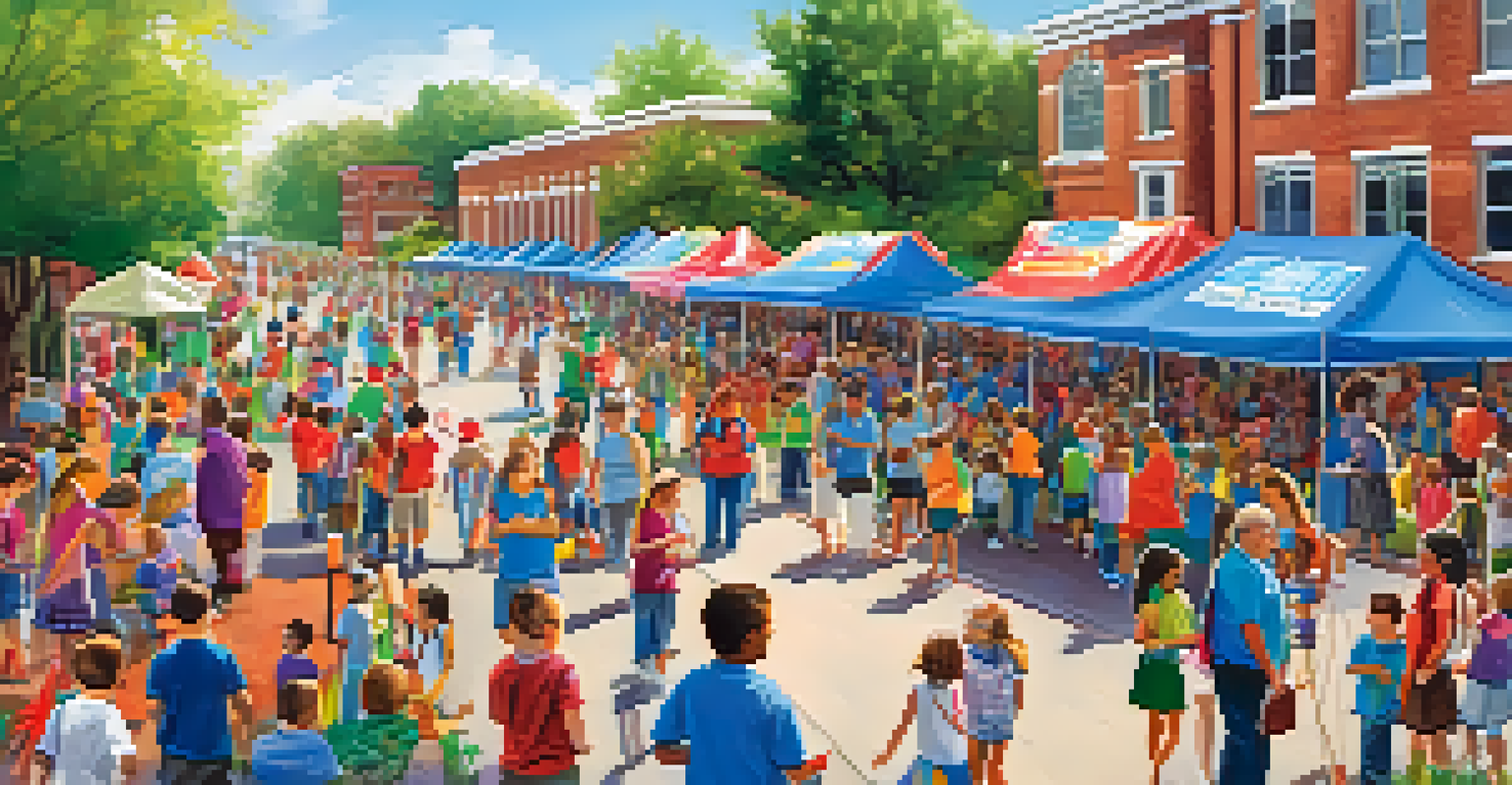 A lively community fundraiser event in a school yard with families, booths, and children participating in games.