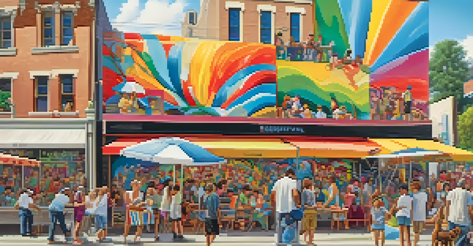 Artists painting murals in a festival setting, with families and children watching, and colorful banners in the background.