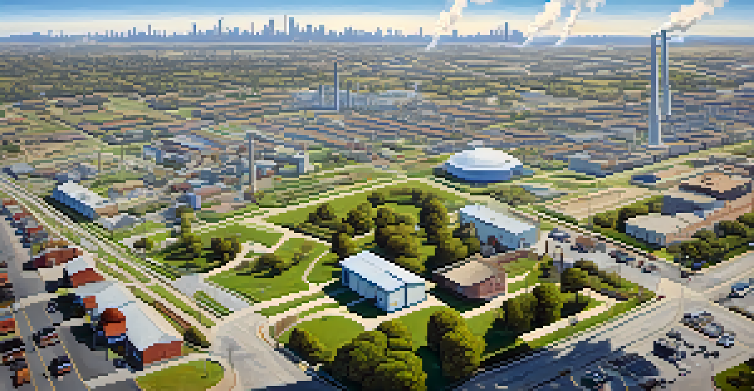 Aerial view of Compton showing industrial areas next to green spaces, illustrating the contrast between pollution and community parks.