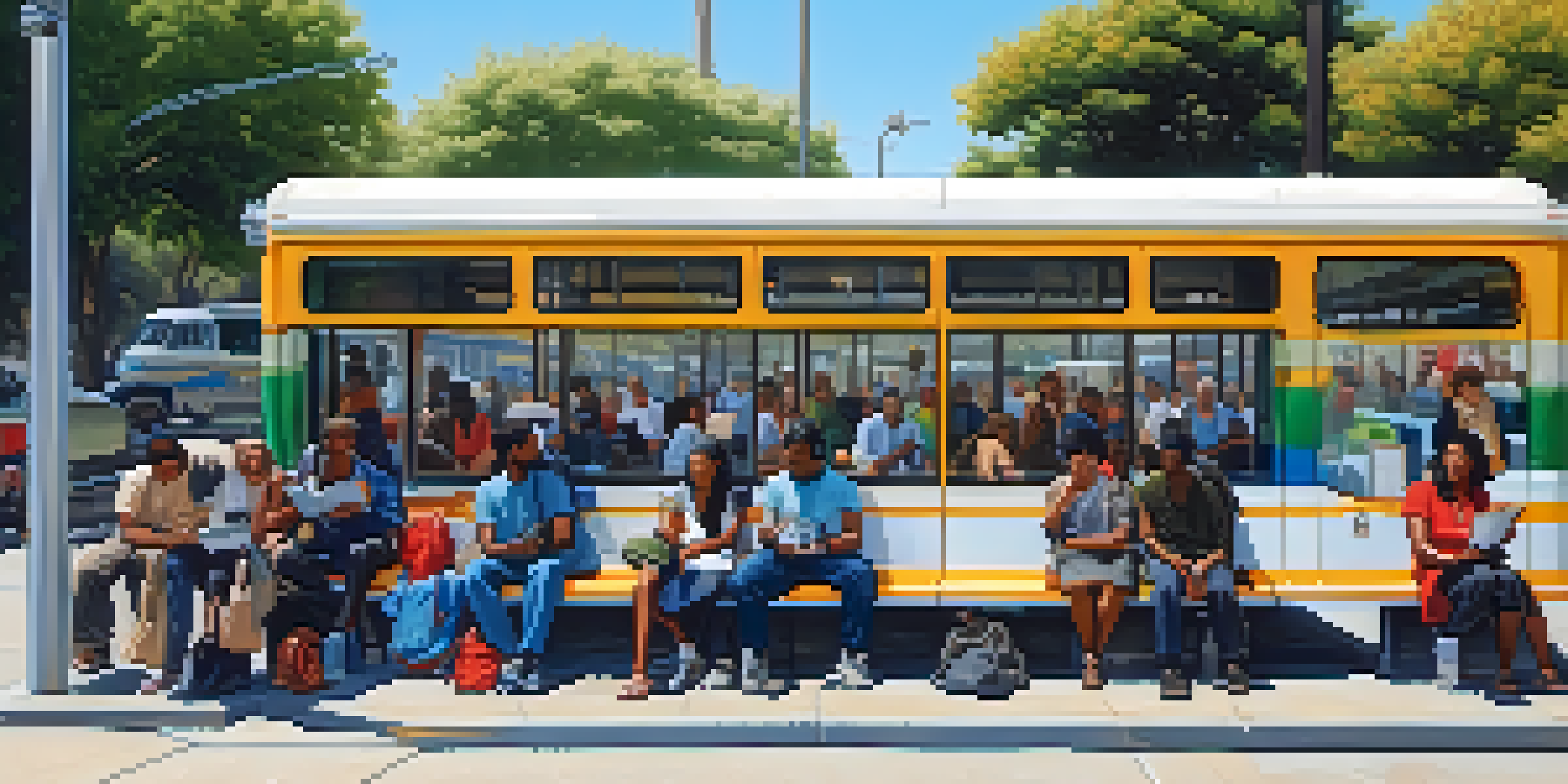 A vibrant bus stop in Compton with a diverse group of commuters waiting for the bus under a clear blue sky.