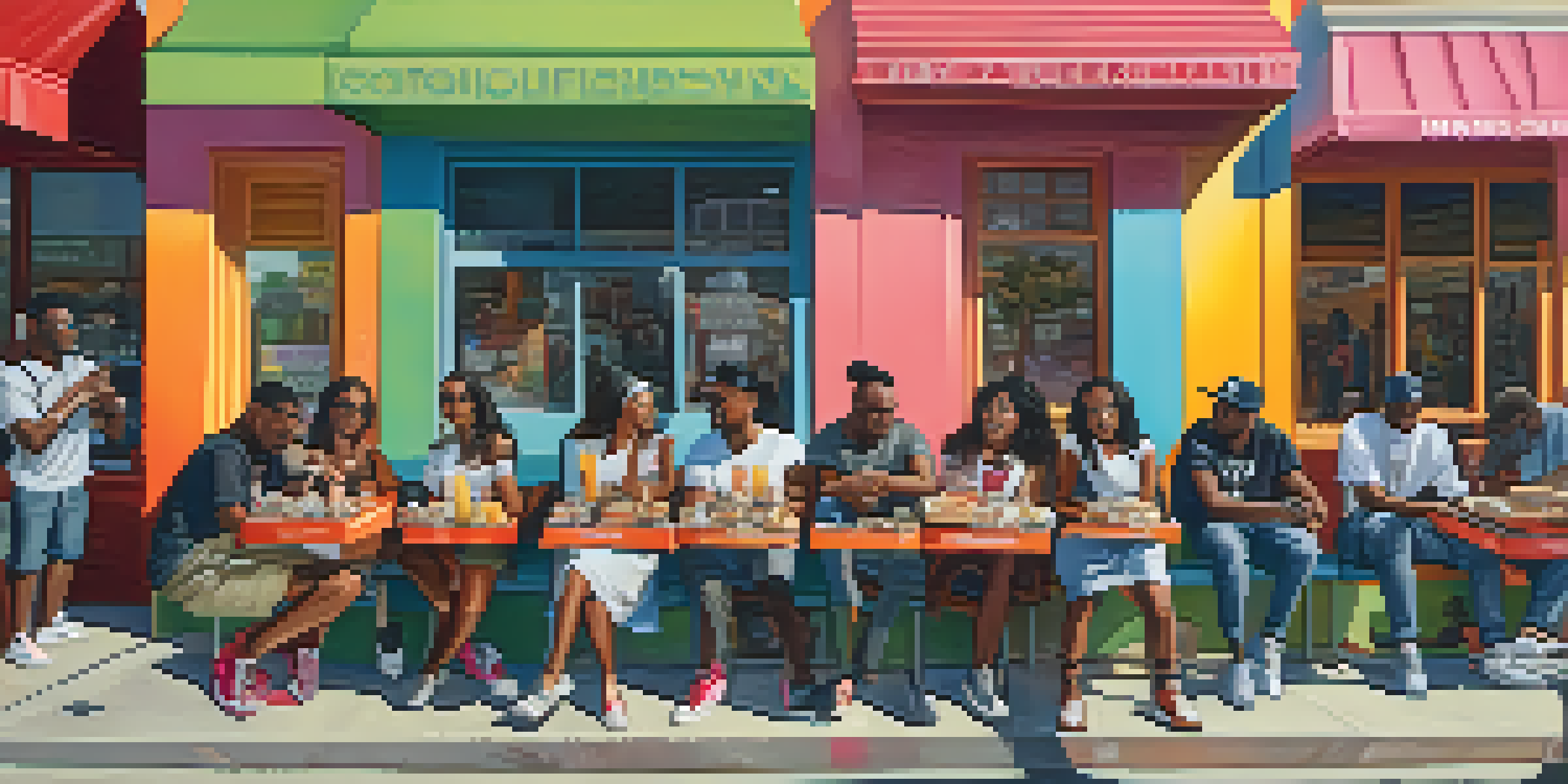 A lively street scene in Compton with young influencers interacting, colorful murals, and street vendors.