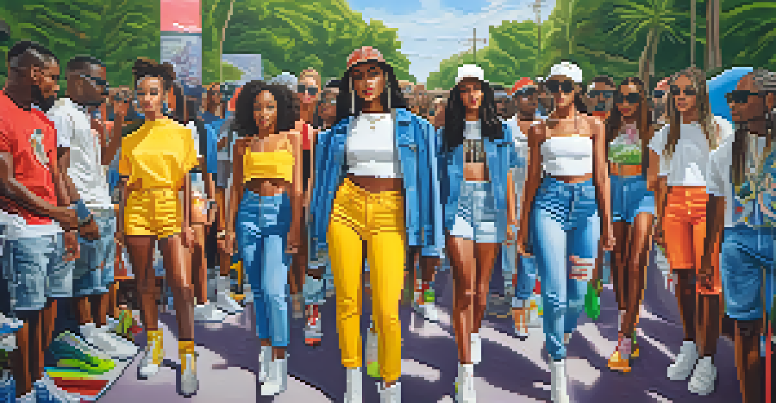 An outdoor fashion show in Compton with diverse models displaying colorful streetwear against an urban backdrop.
