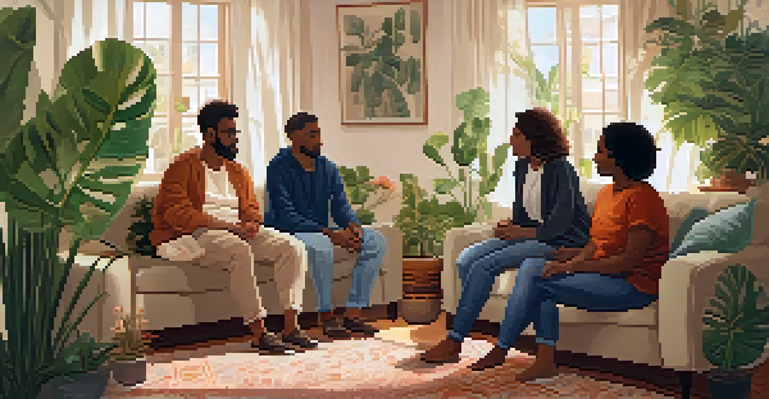 A cozy group therapy session with diverse individuals sitting in a circle, sharing experiences in a warmly lit room.