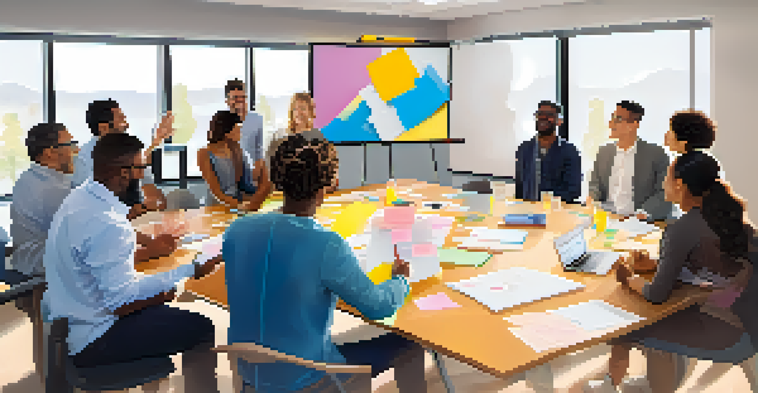 Local entrepreneurs in a bright room brainstorming ideas, with sticky notes on a whiteboard and a projector presentation.