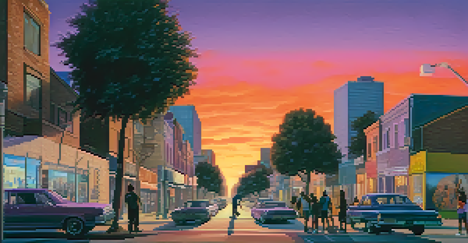 Cinematic view of Compton at dusk with young artists painting a mural, against a backdrop of the city skyline illuminated by streetlights.