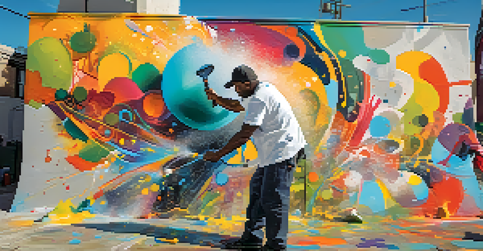 An artist working on a colorful mural in Compton, surrounded by paint supplies and urban scenery.