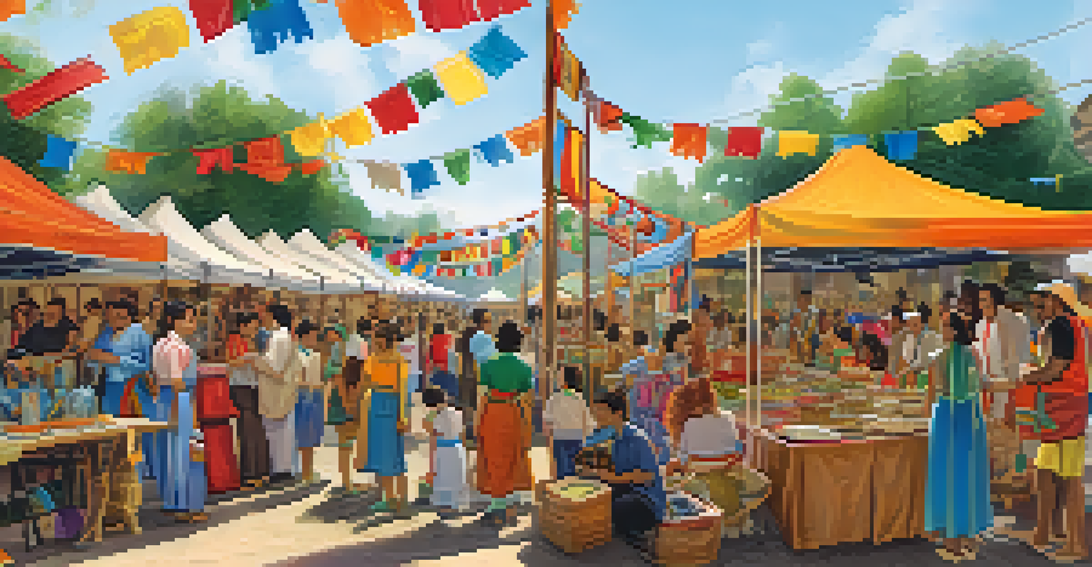 An outdoor cultural fair featuring booths with crafts and foods from various cultures, with families and children enjoying activities and performances under colorful decorations.