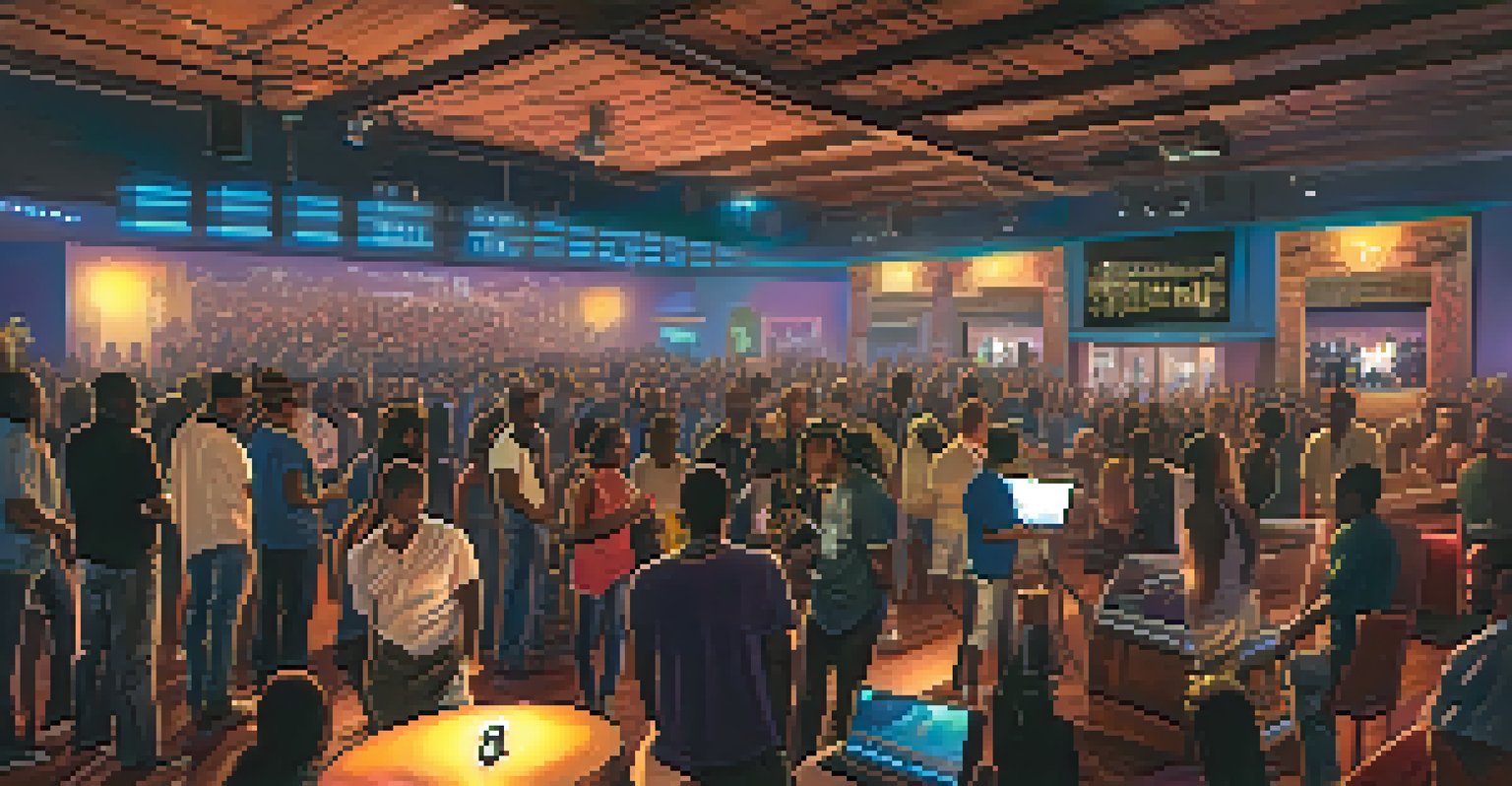 A modern music venue in Compton featuring artists performing on stage and fans interacting through devices, showcasing a blend of traditional and contemporary decor.