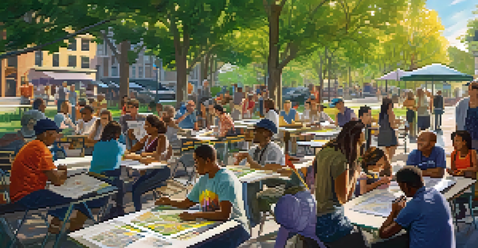 A diverse group of residents participating in an outdoor community workshop, discussing transportation policies with a city planner.