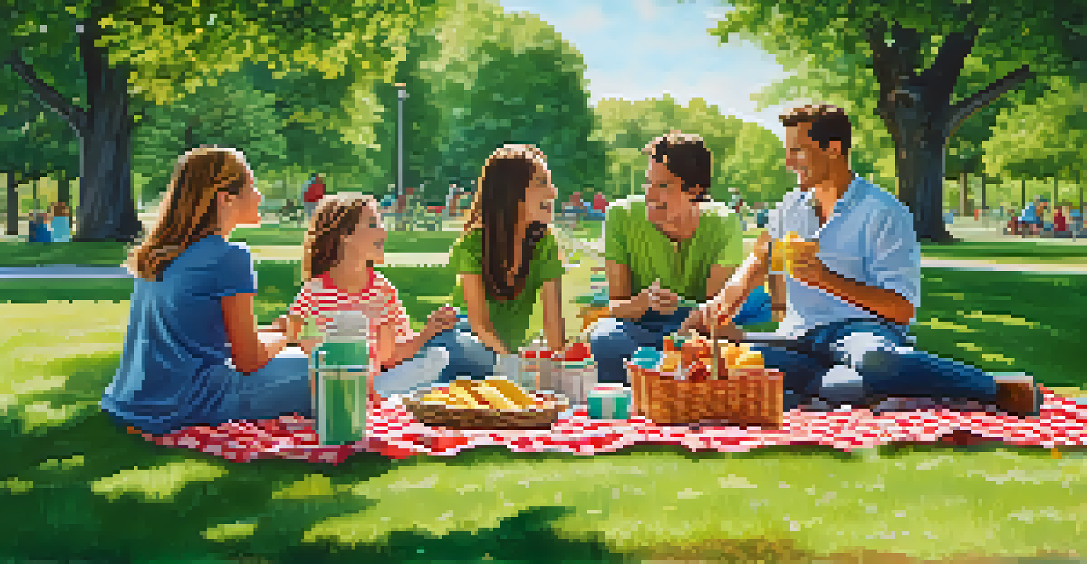 A family having a picnic in a park with bicycles, featuring a picnic blanket with snacks and children playing.