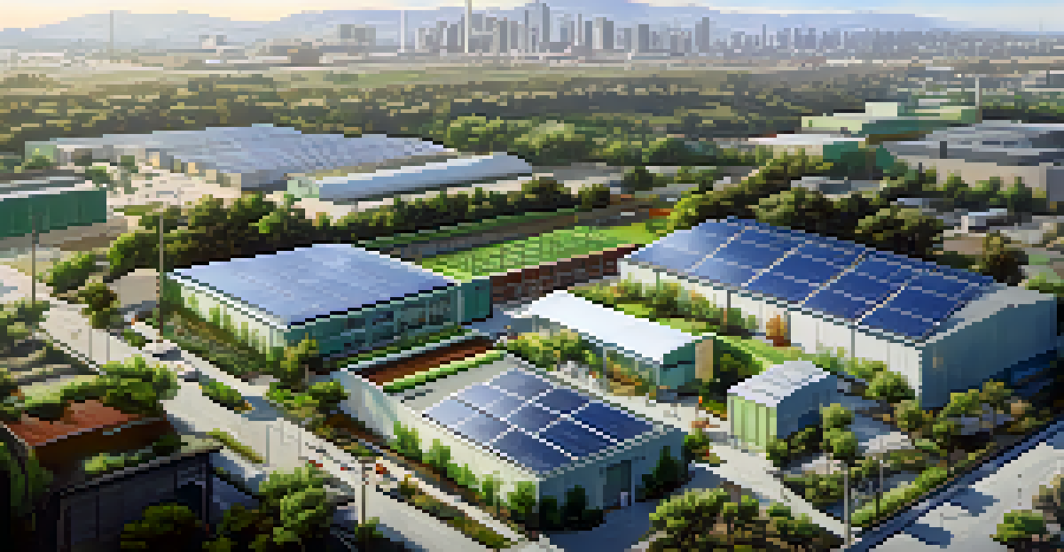 Aerial view of a sustainable factory in Compton, featuring solar panels and green spaces, highlighting eco-friendly practices.