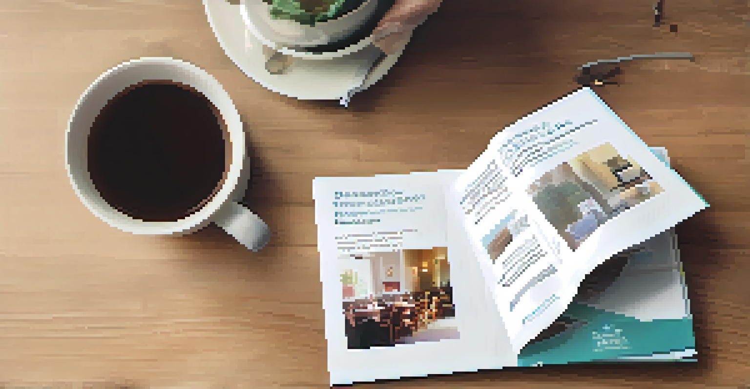 Close-up of hands holding a brochure about domestic violence resources, with a cozy café setting in the background.