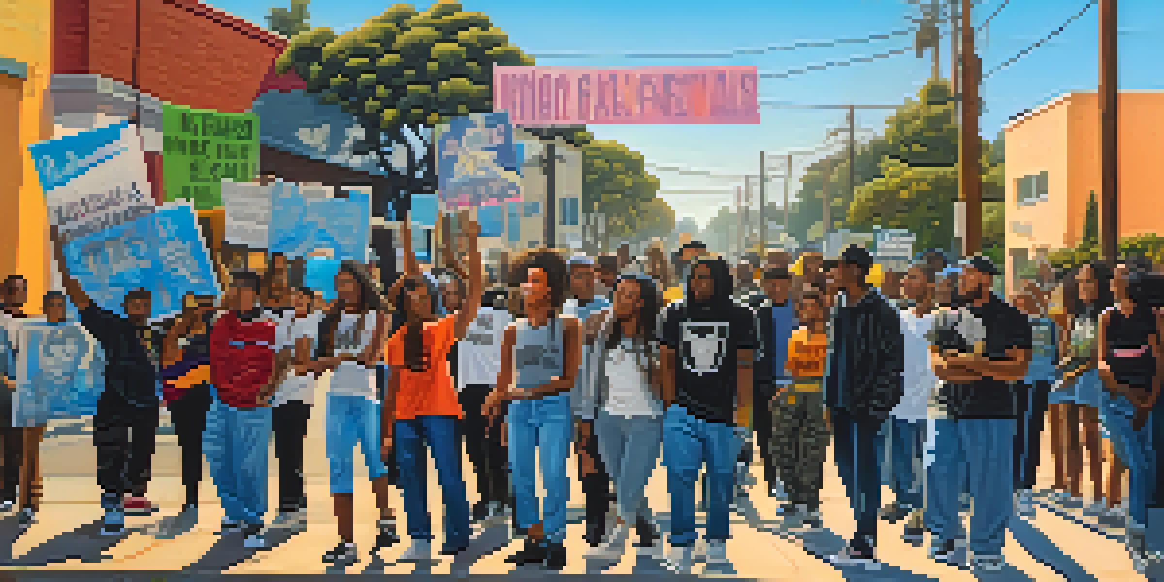 A group of young activists in Compton holding colorful protest signs against a backdrop of vibrant murals.