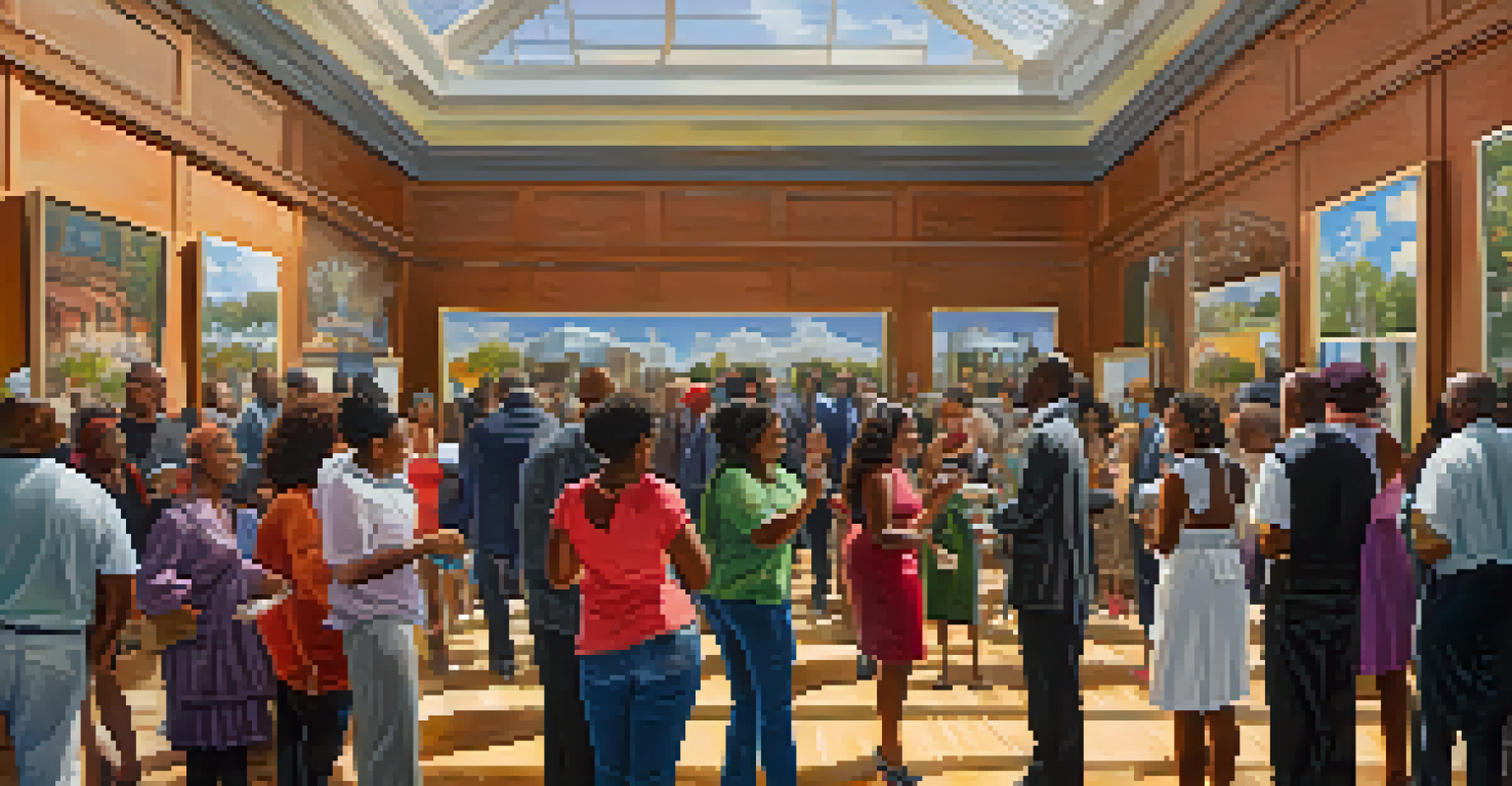 A community event at the African American Museum of Beginnings with local artists showcasing their artwork and visitors engaging with the art.