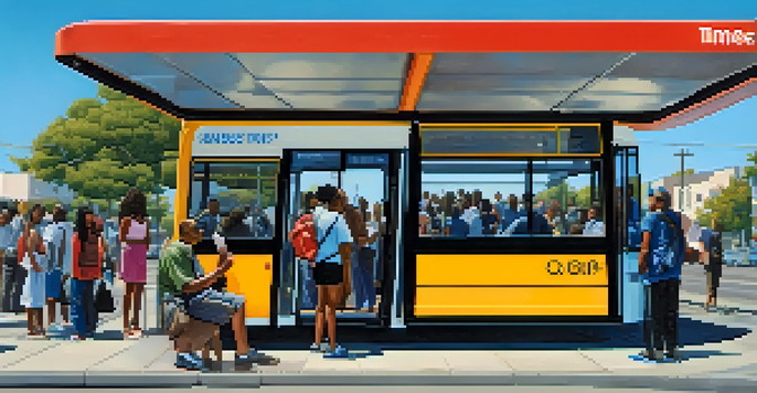 A busy bus stop in Compton with diverse passengers and safety features like surveillance cameras.